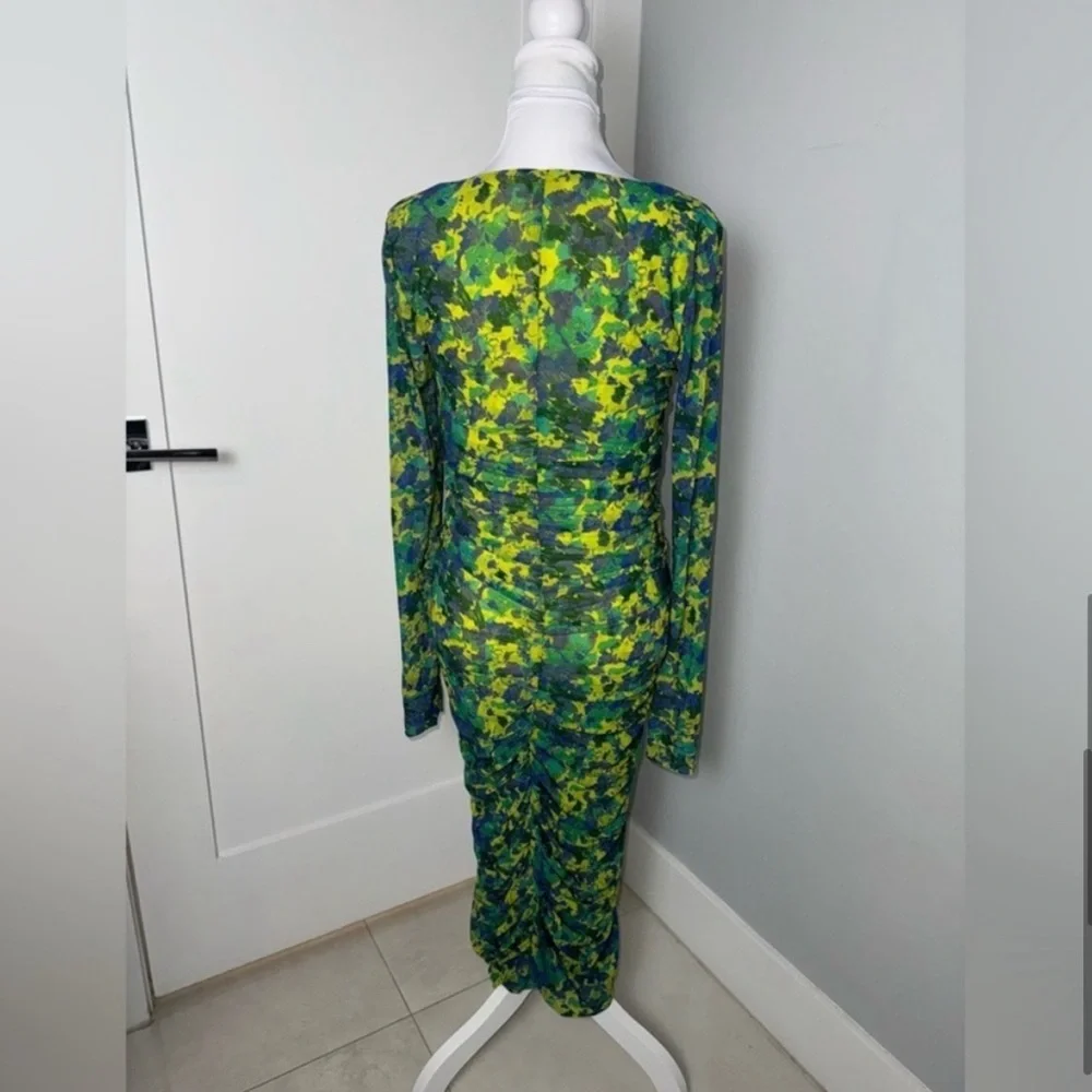 Ganni Ruched Printed Long Sleeve Stretch-Mesh Midi Dress - Picture 8 of 12